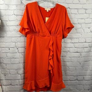Michael Kors Faux Wrap Dress Flutter Sleeve Metallic Threads Optic Orange XL NWT